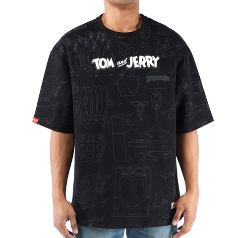 Bobson Japanese X Tom and Jerry Men's Basic All Over Print Oversized T shirt for Men Trendy Fashion High Quality Apparel Comfortable Casual Top for Men 131896 (Black)