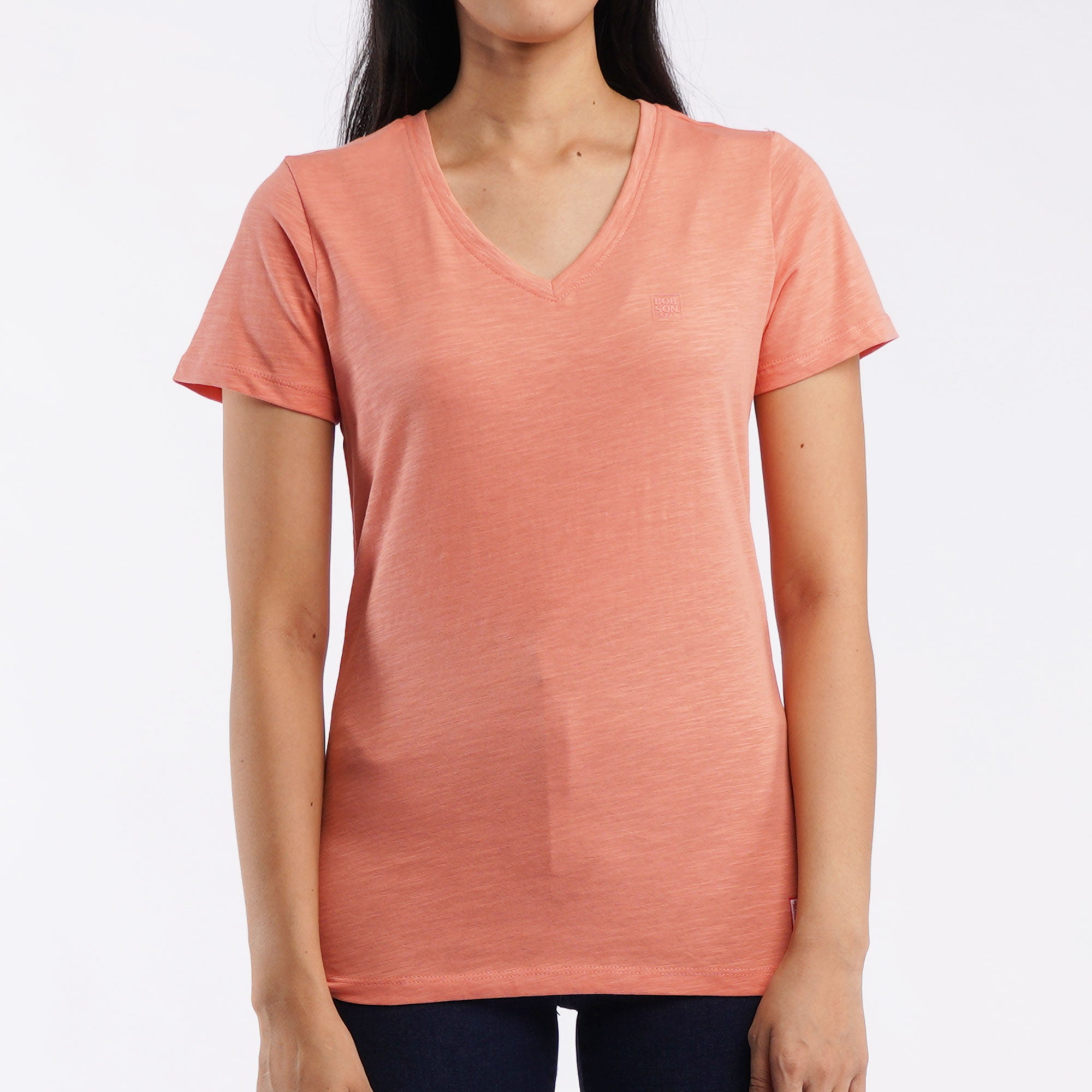 Bobson Japanese Ladies Basic Tees Fashionable Casual Apparel Plain V-Neck T-shirt For Women Trendy Fashion High Quality Plain Tops For Women Regular Fit 106626-U (Coral)