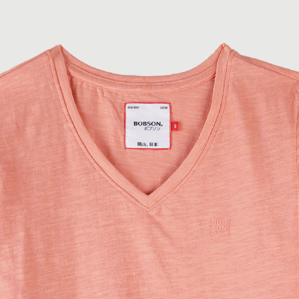 Bobson Japanese Ladies Basic Tees Fashionable Casual Apparel Plain V-Neck T-shirt For Women Trendy Fashion High Quality Plain Tops For Women Regular Fit 106626-U (Coral)