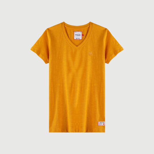 Bobson Japanese Ladies Basic Tees Casual Apparel Plain V-Neck T-shirt For Women Trendy Fashion High Quality Plain Tops For Women Regular Fit 106626-U (Yellow Gold)