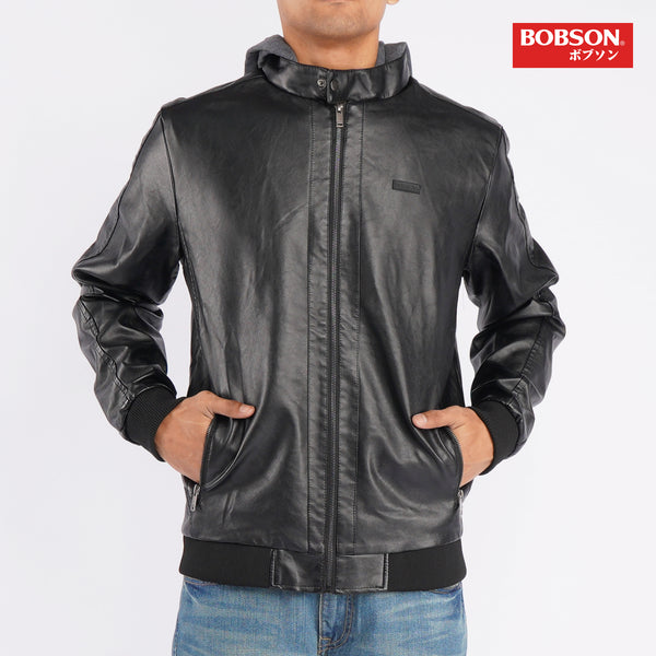 Bobson Japanese Men's Basic Leather Jacket for Men with Detachable Hood Trendy Fashion High Quality Apparel Comfortable Casual Jacket for Men Regular Fit 107460 (Black)