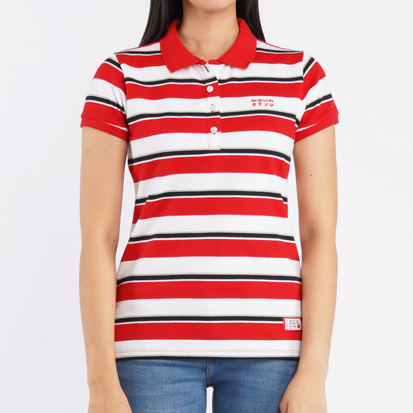Bobson Japanese Ladies Basic Striped Polo shirt for Women Missed Lycra Fabric Trendy Fashion High Quality Apparel Comfortable Casual Stretchable Collared shirt for Women Regular Fit 123350 (Bobson Red)
