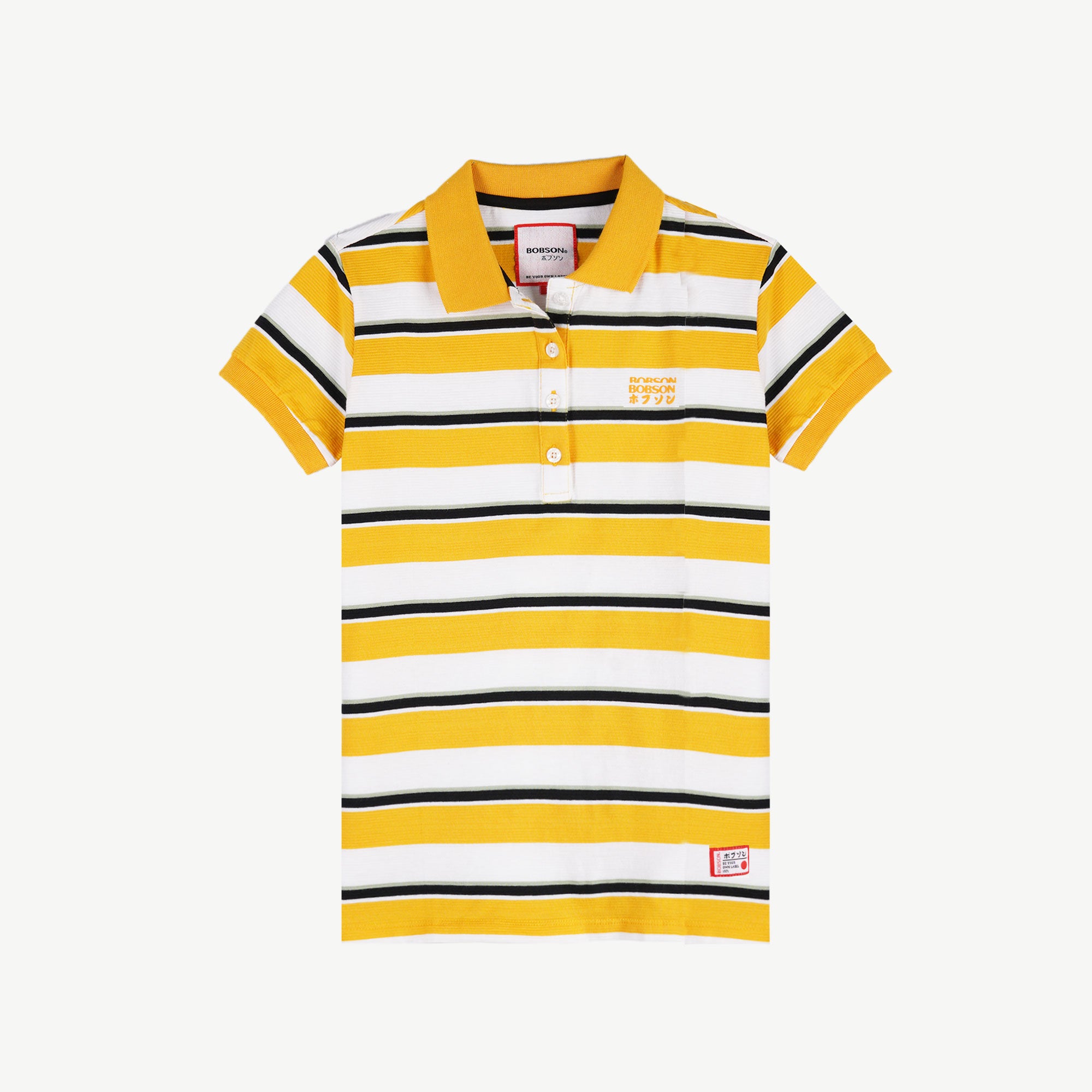 Bobson Japanese Ladies Basic Striped Polo shirt for Women Missed Lycra Fabric Trendy Fashion High Quality Apparel Comfortable Casual Stretchable Collared shirt for Women Regular Fit 123350 (Yellow Gold)