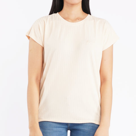 Bobson Japanese Ladies Basic Round Neck T-shirt for Women Trendy Fashion High Quality Apparel Comfortable Casual Top for Women Boxy Fit 129440-U (Beige)