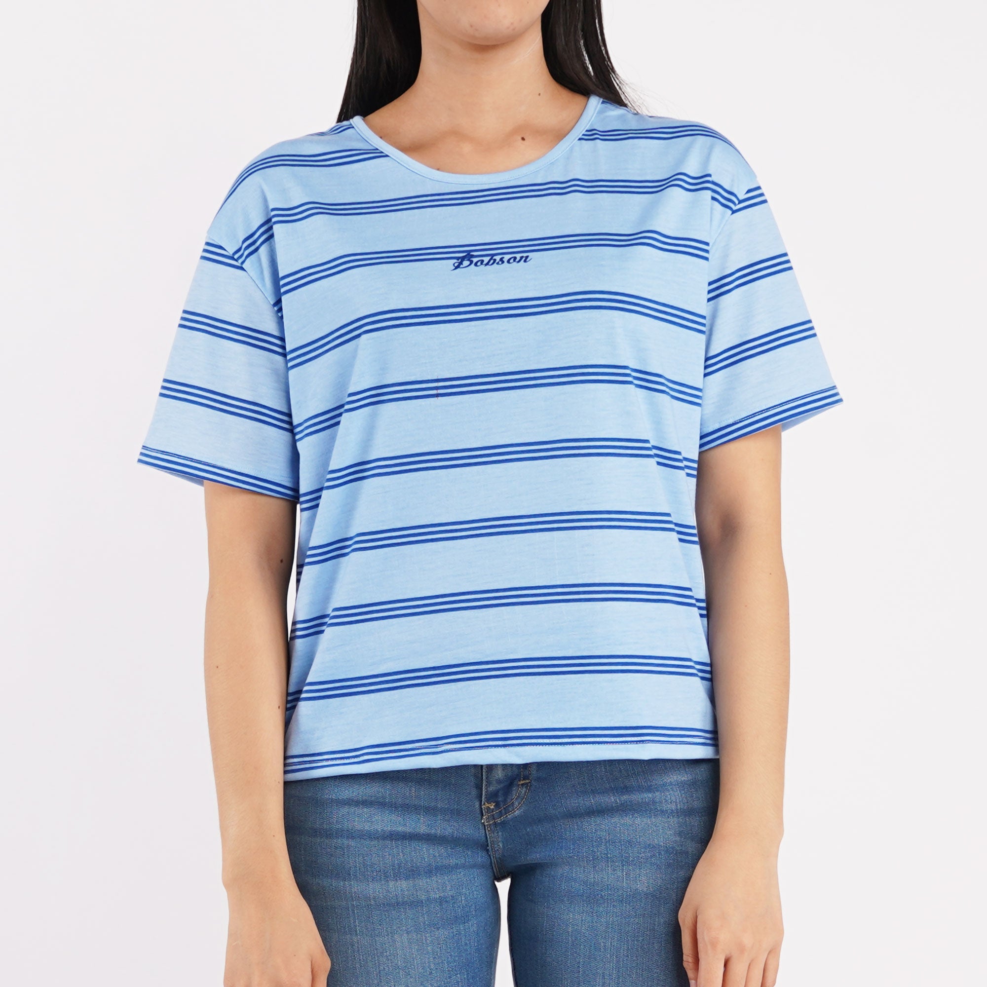 Bobson Japanese Ladies Basic Tees Striped Round Neck T-shirt for Women Trendy Fashion High Quality Apparel Comfortable Casual Top for Women Relaxed Fit 124068 (Light Blue)
