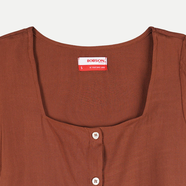 Bobson Japanese Ladies Basic Woven Plain Blouse for Women Trendy Fashion High Quality Apparel Comfortable Casual Top for Women Boxy Fit 111536-U (Brown)