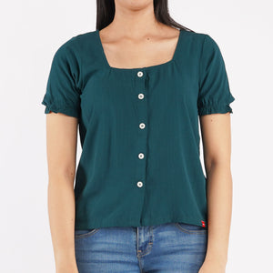 Bobson Japanese Ladies Basic Woven Plain Blouse for Women Trendy Fashion High Quality Apparel Comfortable Casual Top for Women Boxy Fit 111536-U (Green)