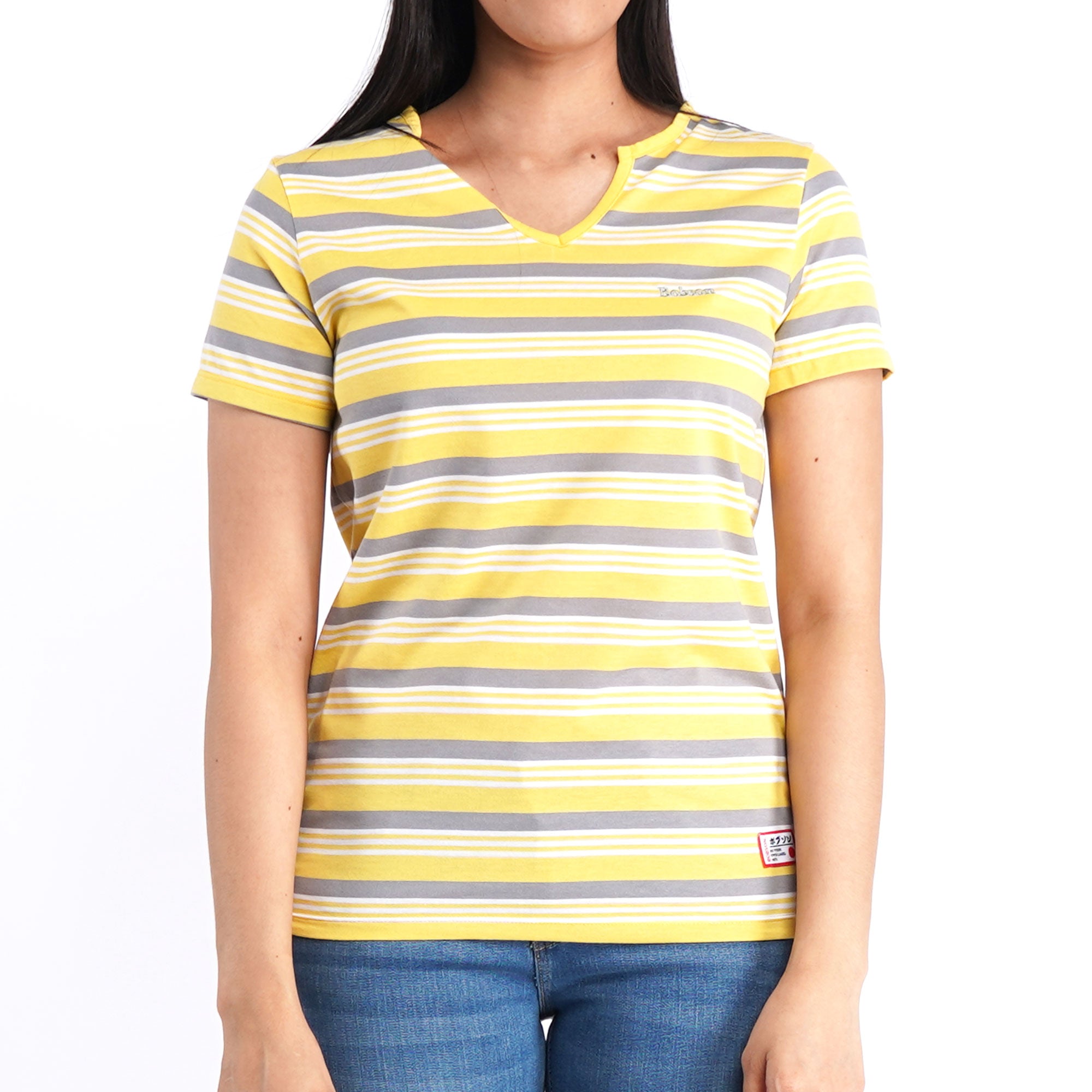 Bobson Japanese Ladies Basic Striped shirt for Women Trendy Fashion High Quality Apparel Comfortable Casual Tees for Women Relaxed Fit 123377 (Yellow)