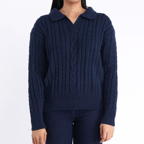 Bobson Japanese Ladies Basic Knitted Long sleeves Sweater for Women with Collar Trendy Fashion High Quality Apparel Comfortable Casual Jacket for Women Regular Fit 121683 (Navy)