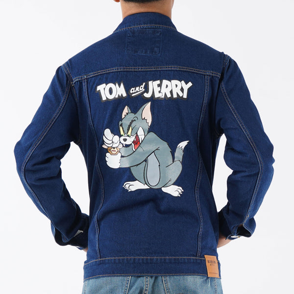 Bobson Japanese X Tom and Jerry Men's Basic Denim Jacket with Back Print Trendy Fashion High Quality Apparel Comfortable Casual Jacket for Men Regular Fit 136304 (Medium Shade)