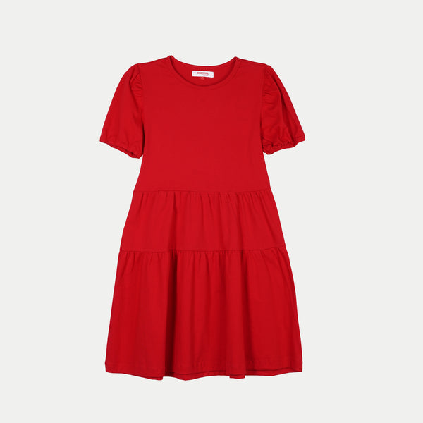 Bobson Japanese Ladies Basic Puff Sleeve Dress For Women Trendy Fashion High Quality Apparel Comfortable Casual Dress for Women Regular Fit 141031 (Tango Red)