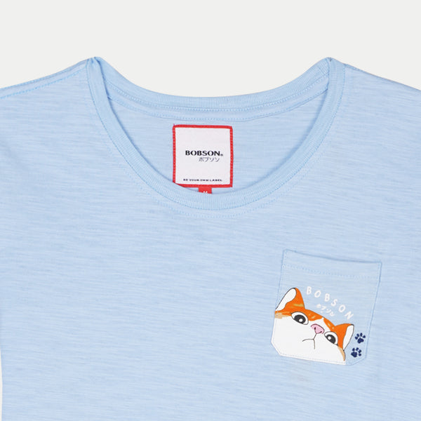 Bobson Japanese Ladies Basic Round Neck T shirt for Women with chest pocket Trendy Fashion High Quality Apparel Comfortable Casual Tees for Women Regular Fit 123454 (Chambray Blue)