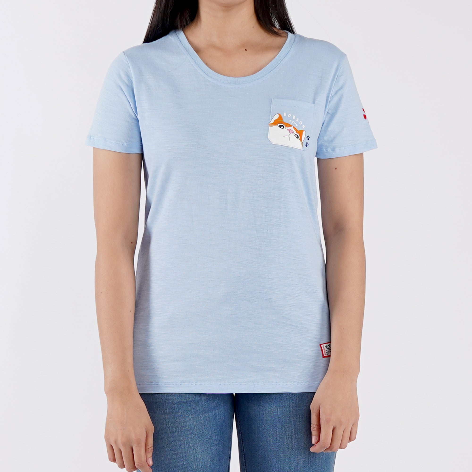 Bobson Japanese Ladies Basic Round Neck T shirt for Women with chest pocket Trendy Fashion High Quality Apparel Comfortable Casual Tees for Women Regular Fit 123454 (Chambray Blue)