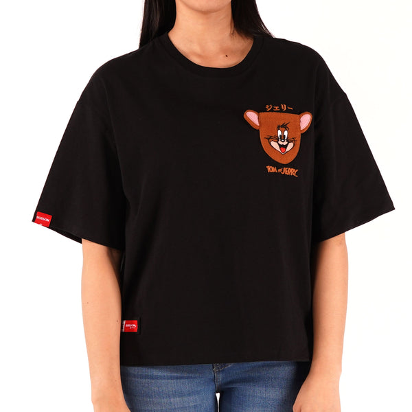 Bobson Japanese X Tom and Jerry Ladies Relaxed Fit Pocket T-shirt Trendy Fashion High Quality Apparel Comfortable Casual Top for Women Relaxed Fit 137391 (Black)