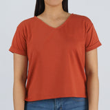 Bobson Japanese Ladies Basic V Neck Tees for Women Trendy Fashion High Quality Apparel Comfortable Casual Top for Women Relaxed Fitting 133313-U (Rust)