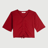 Bobson Japanese Ladies Basic V Neck Tees with Adjustable Front String Trendy Fashion High Quality Apparel Comfortable Casual Top for Women Cotton Spandex Boxy Fit 142011 (Maroon)